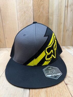 Fox Racing Black/Gray/Yellow 210 Flex Fitted Flat Brim Hat Size 6 7/8-7 1/4 New